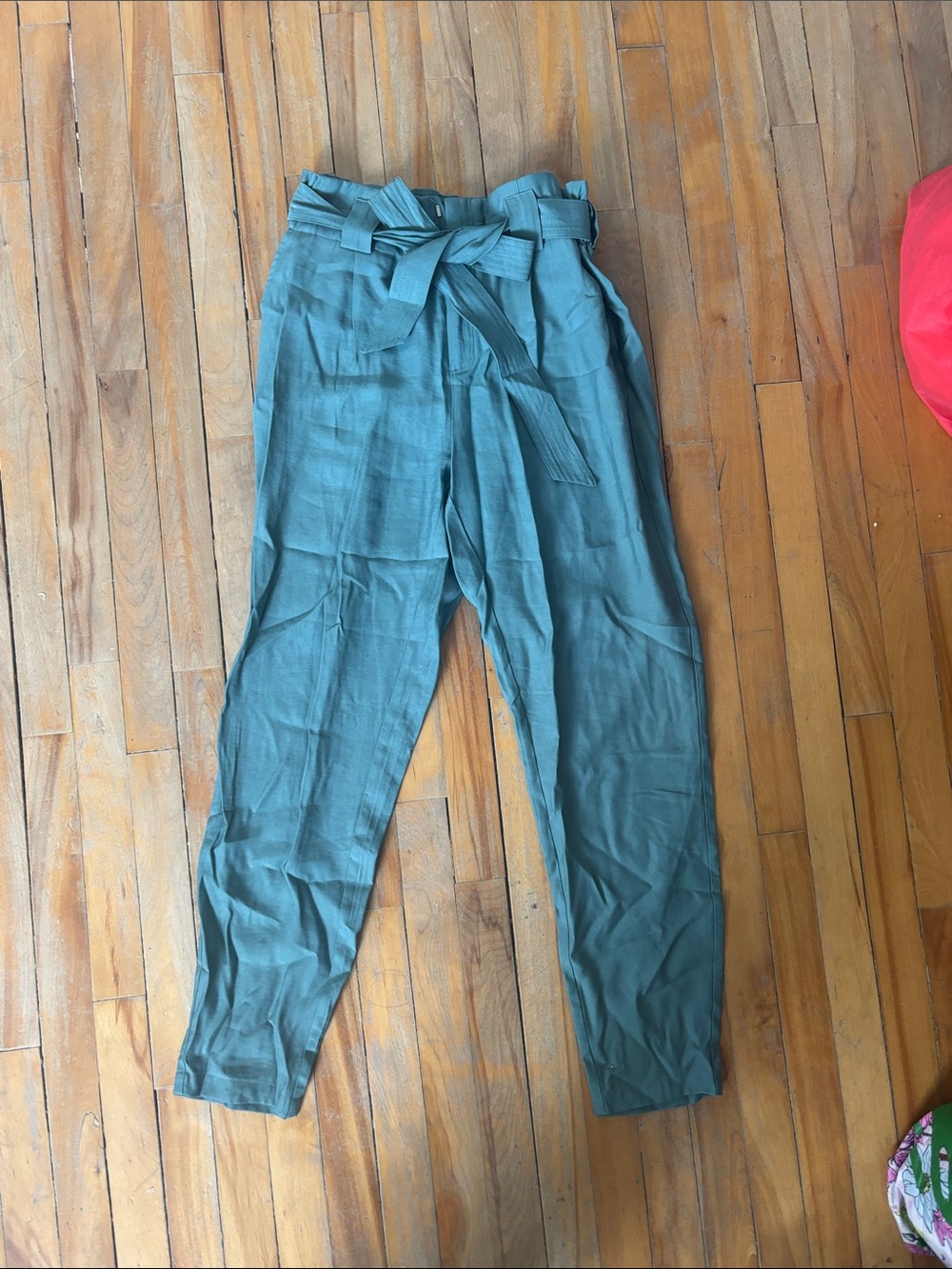 twik Teal Straight-Leg Paperbag Waist Pants